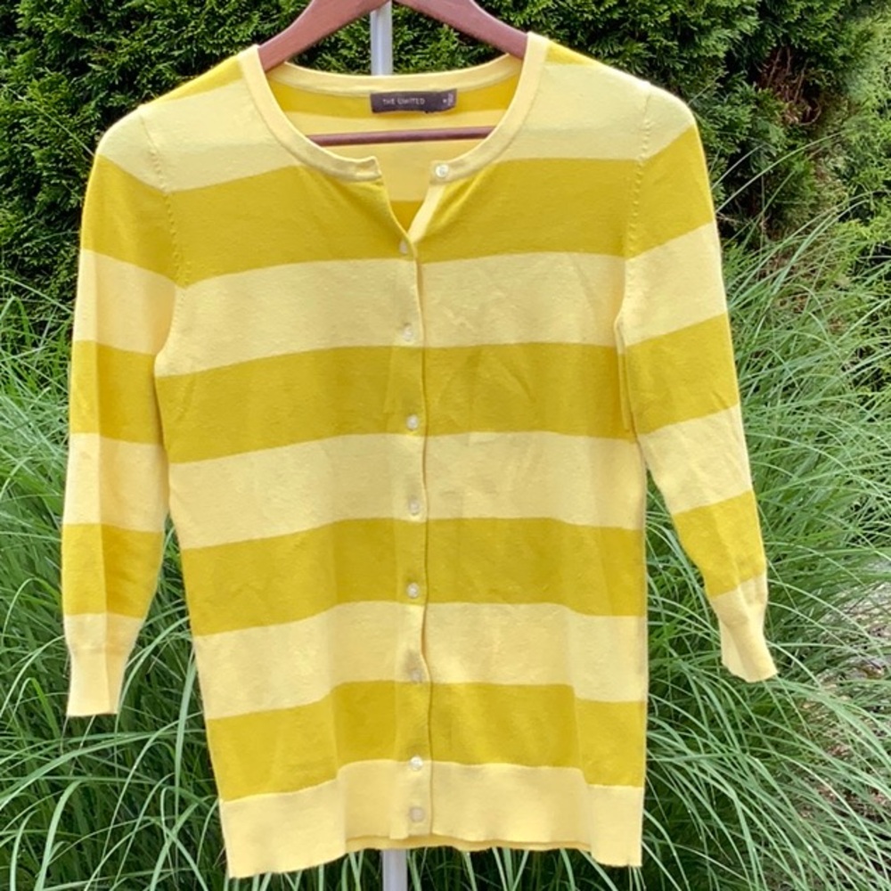 The Limited Chartreuse/Yellow Striped Cardigan 3/4 sleeve. EUC